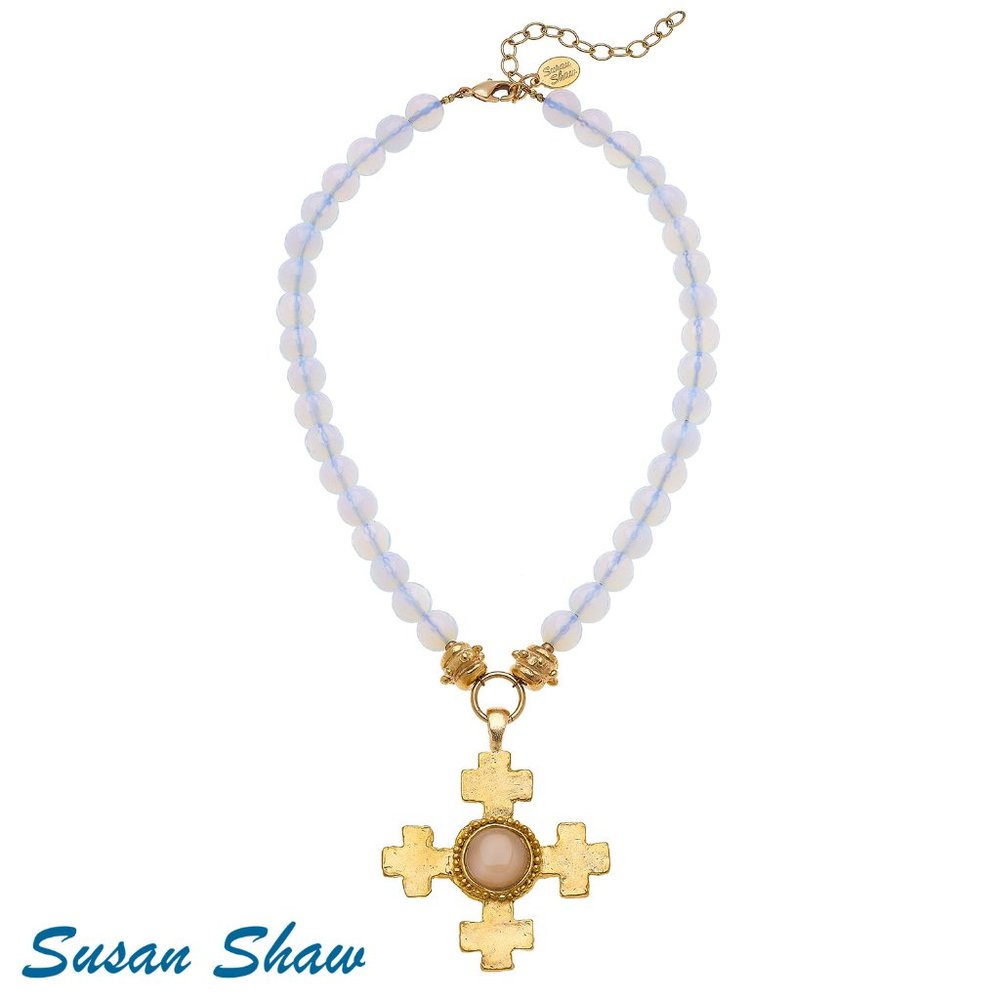 3903c Handcast Gold Cross on Genuine Opalite Semi-